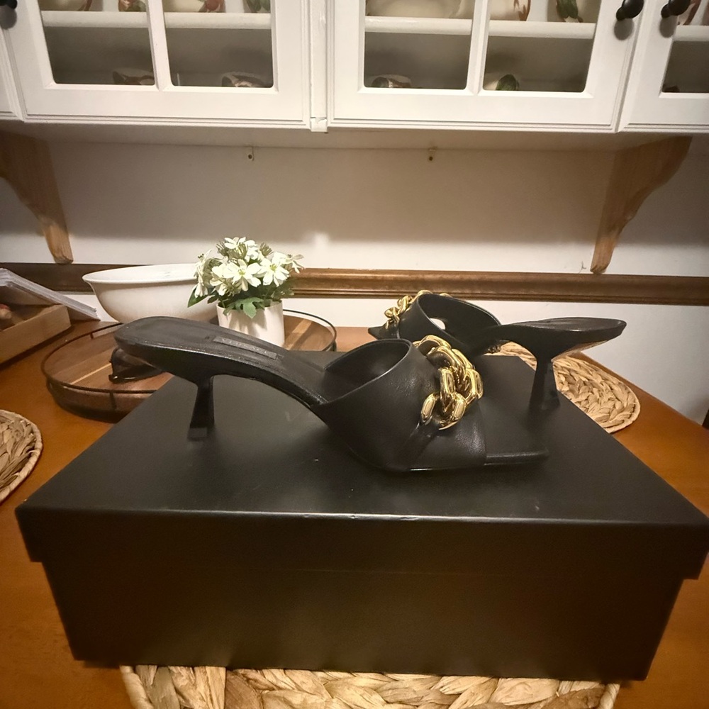 Versace Black Mules with Gold Chain Accent - Picture 3 of 5